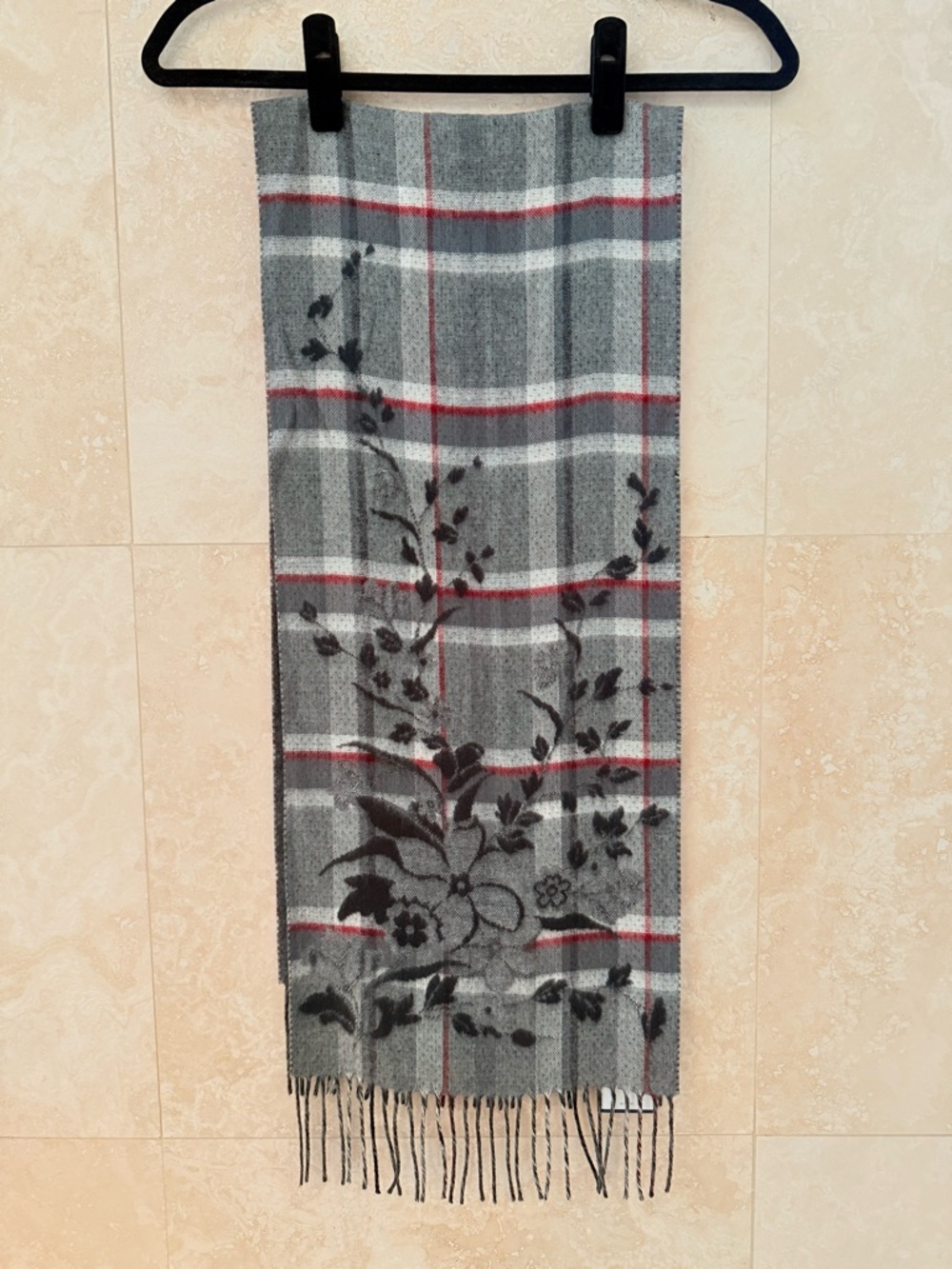croft & barrow Gray Plaid Scarf with Black Floral Overlay and Red Accents